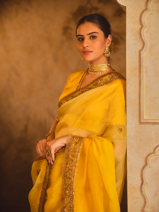 HOOR-E-MAHAL YELLOW OMBRE ORGANZA SAREE