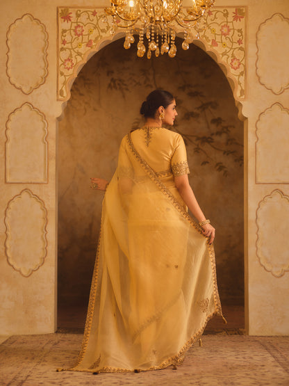 TAJRA GOLD ORGANZA SAREE WITH ZERO-NECK BLOUSE