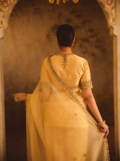 TAJRA GOLD ORGANZA SAREE WITH ZERO-NECK BLOUSE