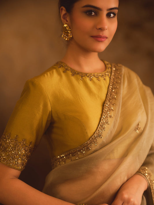 TAJRA GREY & GREEN ORGANZA SAREE WITH ZERO-NECK BLOUSE